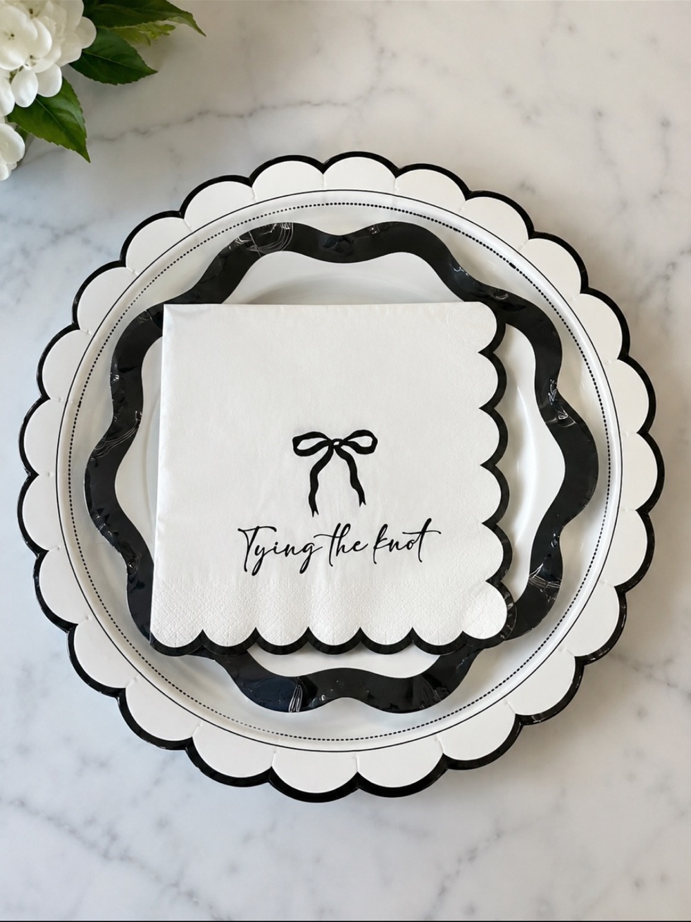 New Wedding Bridal Shower Bachelorette Black & White Tying the Knot Plate Set 75